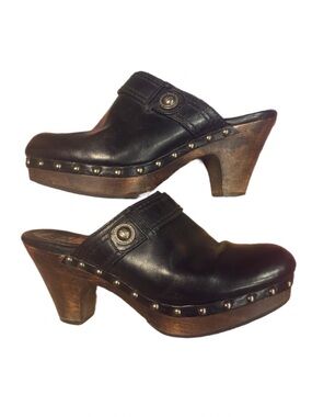 Frye Audra Button Mule Clogs Black Leather Studded Wooden Heel Boho 8M
